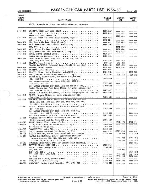 PASSENGER CAR PARTS LIST 1955-58 GROUP 1 - ACCESSORIES