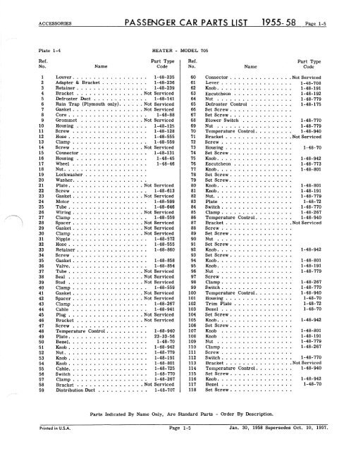 PASSENGER CAR PARTS LIST 1955-58 GROUP 1 - ACCESSORIES