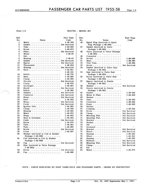 PASSENGER CAR PARTS LIST 1955-58 GROUP 1 - ACCESSORIES