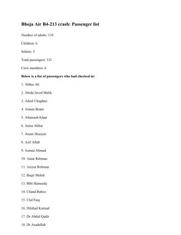 Bhoja Air B4-213 crash: Passenger list - NDMA