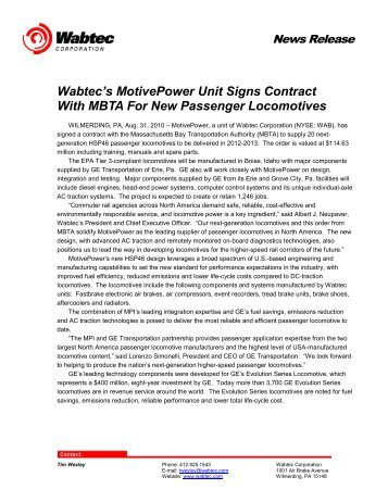 Wabtec's MotivePower Unit Signs Contract With MBTA For New ...