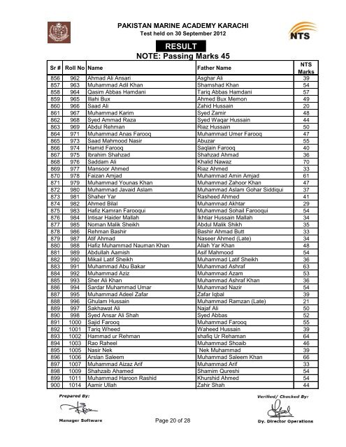 NOTE: Passing Marks 45 RESULT - Pakistan Marine Academy