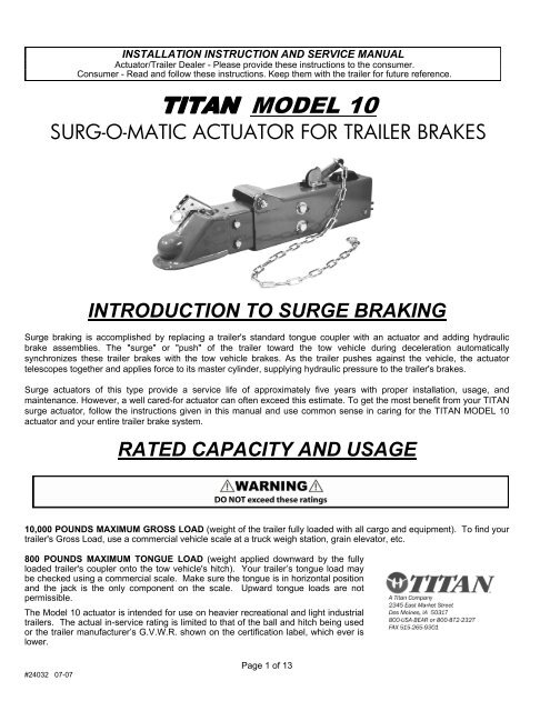titan dico model 10 manual - Champion Trailer Parts Supply
