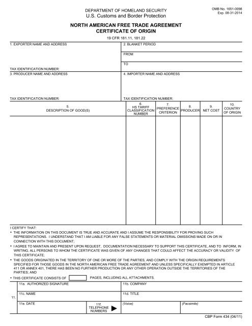 North American Free Trade Agreement Certificate Of Origin - Forms