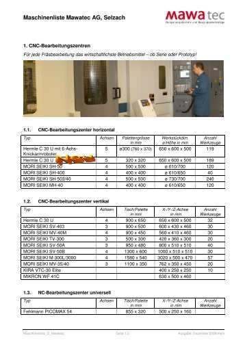 Maschinenliste Mawatec AG, Selzach