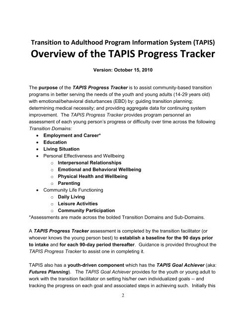 Overview of the TAPIS Progress Tracker (v4.1) - Transition to ...