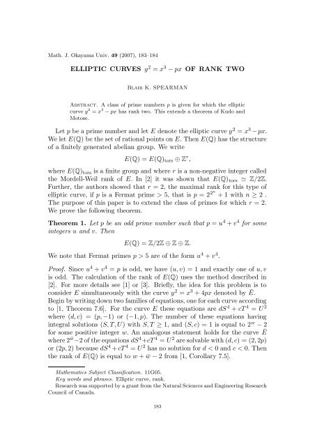 ELLIPTIC CURVES y2 = x3 − px OF RANK TWO Let p be a prime ...