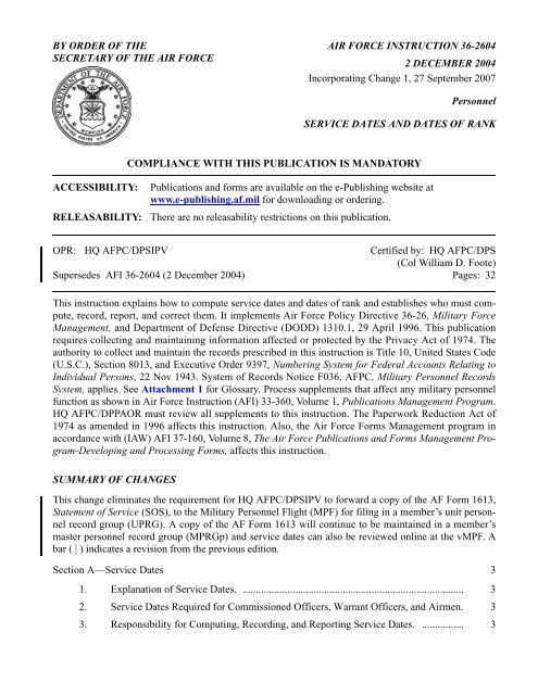 Service dates and dates of rank - Air Force E-Publishing