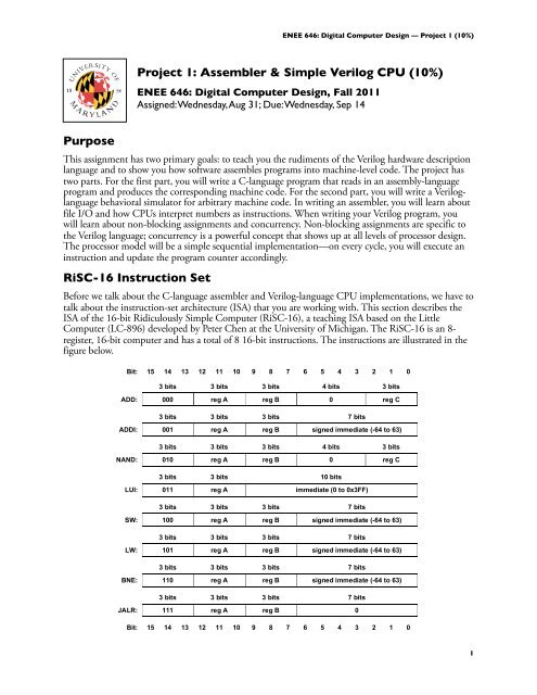 Purpose RiSC-16 Instruction Set Project 1: Assembler ... - ECE