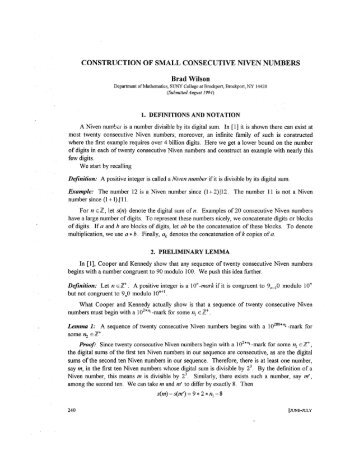 CONSTRUCTION OF SMALL CONSECUTIVE NIVEN NUMBERS ...