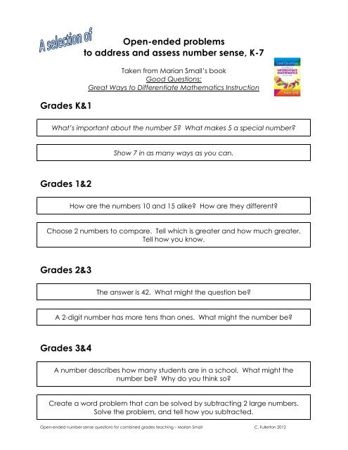 Small Number Problem Backup of Marian Small number sense problems - Mathematical ...