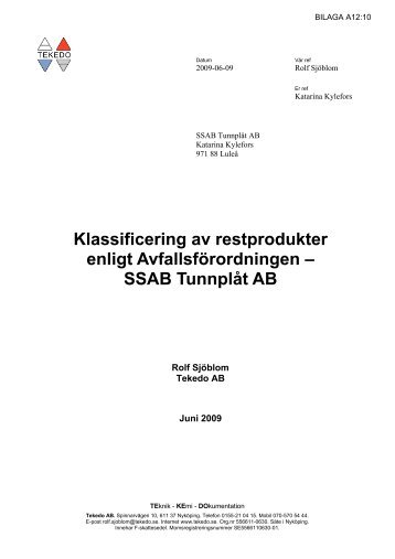 klassificering av askor enligt avfallsfrordningen - SSAB
