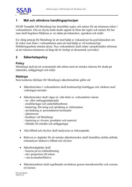 SÄKERHETSRAPPORT 2009 - SSAB