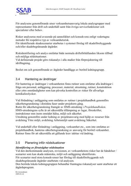 SÄKERHETSRAPPORT 2009 - SSAB