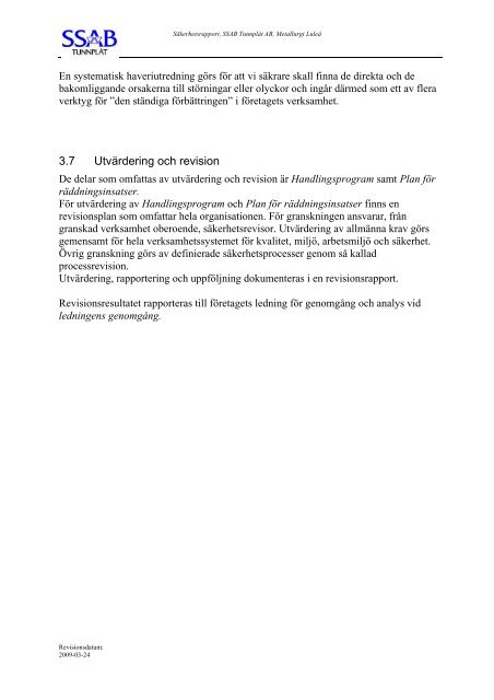 SÄKERHETSRAPPORT 2009 - SSAB