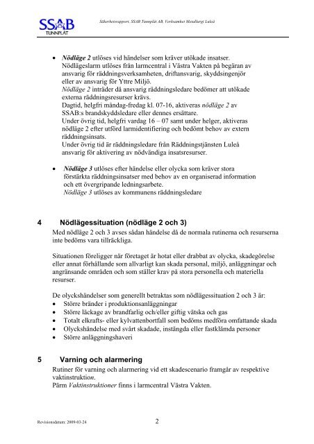 SÄKERHETSRAPPORT 2009 - SSAB