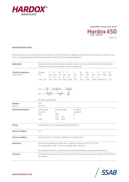 Hardox 450 (0,70 - 2,10 mm) - SSAB.com