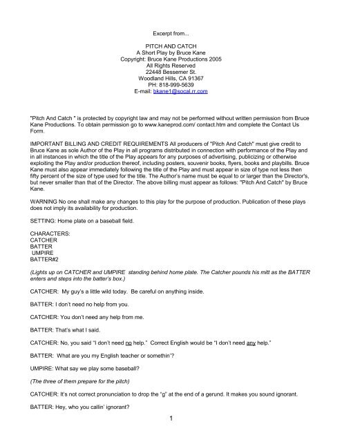 PITCH AND CATCH - ONE ACT PLAYS by Bruce Kane