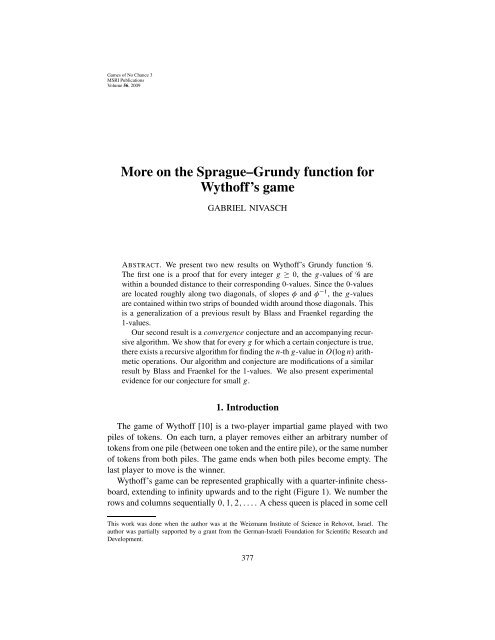 More on the Sprague–Grundy function for Wythoff's game - MSRI