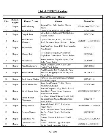 List of CHOiCE Centres - CHiPS