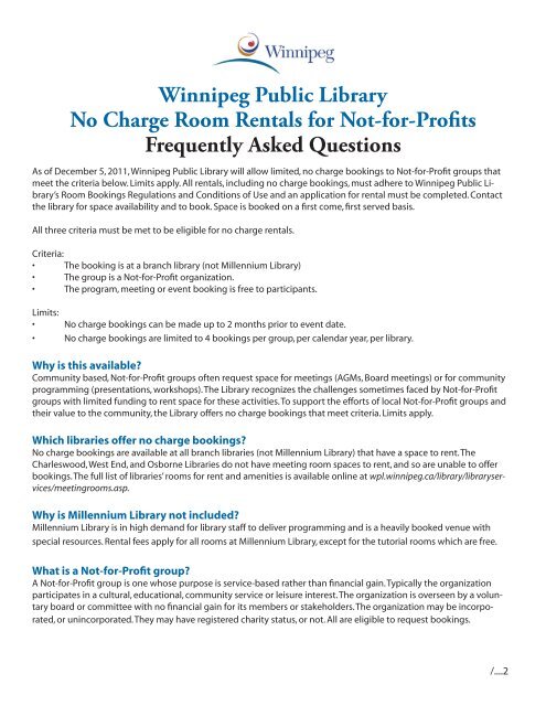 Please Read The Faq On No Charge Bookings Winnipeg Public
