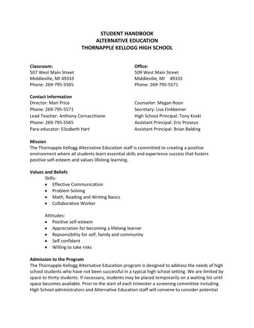 Student handbook alternative education - Thornapple-Kellogg Schools