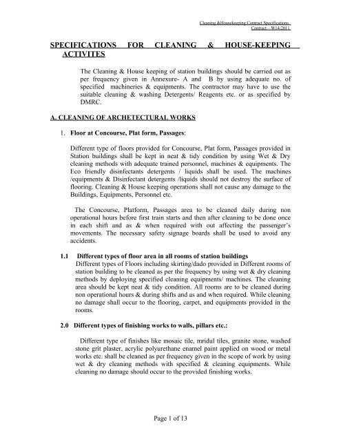 Specifications For Cleaning House Keeping Activites
