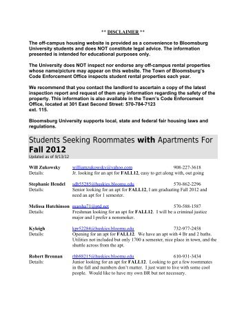 Students Seeking Roommates with Apartments For Fall 2012