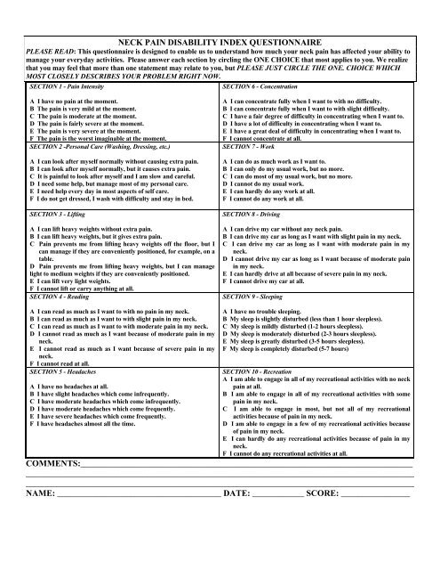 NECK PAIN DISABILITY INDEX QUESTIONNAIRE