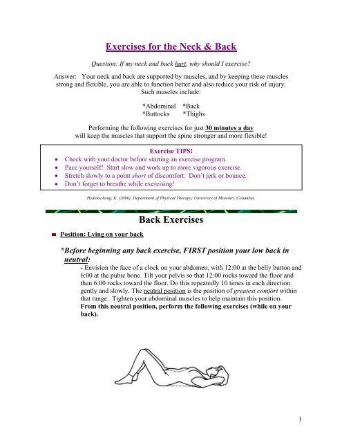 Back & Neck Exercise Pamphlet - University of Missouri