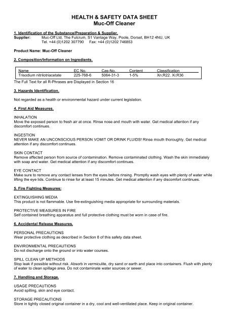 HEALTH &amp; SAFETY DATA SHEET Muc-Off Cleaner - Part Info