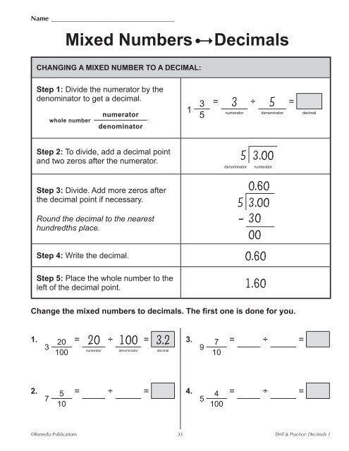Mixed Numbers To Decimals