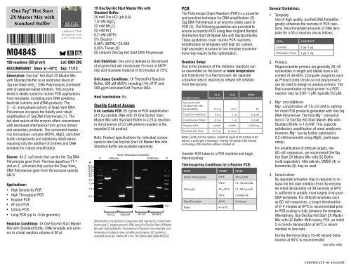 Datasheet for OneTaq® Hot Start 2X Master Mix with Standard ...