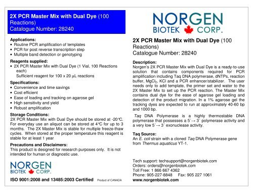 2X PCR Master Mix with Dual Dye (100 Reactions ... - Norgen Biotek