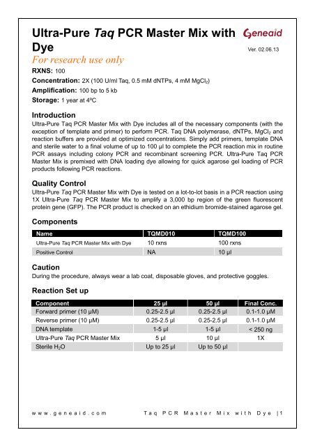 Ultra-Pure Taq PCR Master Mix with Dye protocol - Geneaid