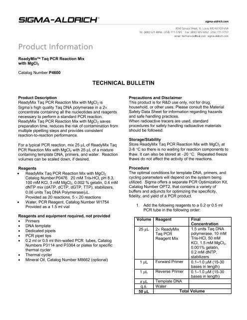 Taq PCR Reaction Mix MgCl2 ... Sigma-Aldrich