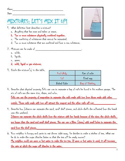 Mixtures – Let's Mix it Up! Answer Key