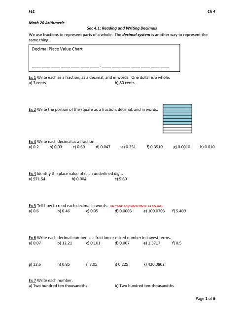 Tenth Hundredth Thousandth Chart Decimals