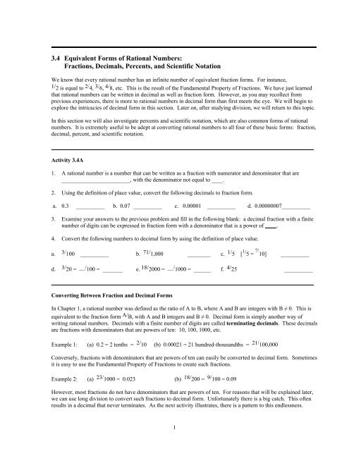 3.4 Equivalent Forms of Rational Numbers: Fractions, Decimals ...