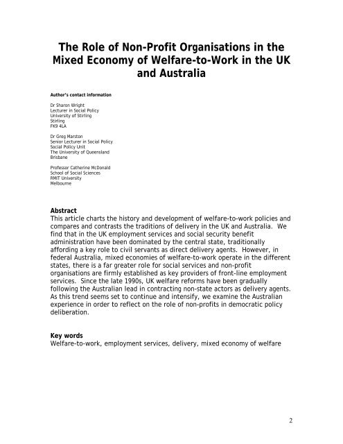 The Role of Non-Profit Organisations in the Mixed Economy of ...