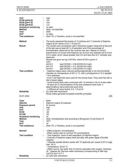 o-TOLUIDINE CAS N°: 95-53-4 - UNEP Chemicals