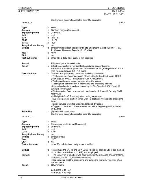 o-TOLUIDINE CAS N°: 95-53-4 - UNEP Chemicals