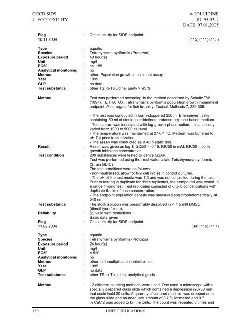 o-TOLUIDINE CAS N°: 95-53-4 - UNEP Chemicals