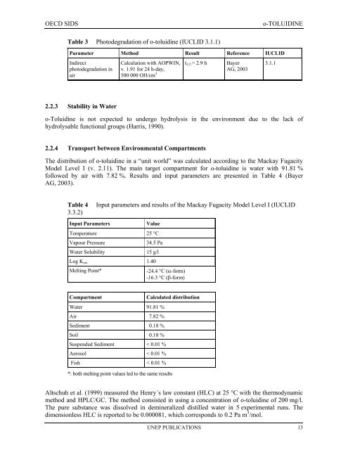 o-TOLUIDINE CAS N°: 95-53-4 - UNEP Chemicals