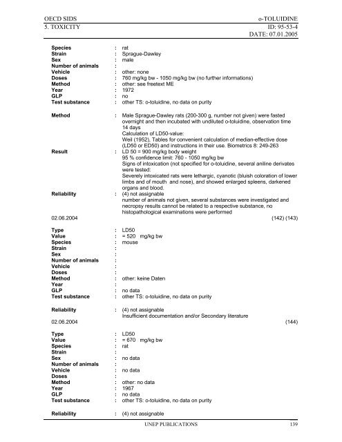 o-TOLUIDINE CAS N°: 95-53-4 - UNEP Chemicals