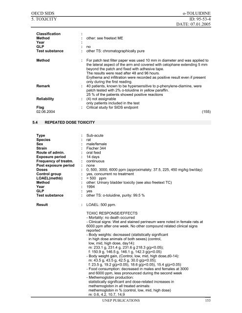 o-TOLUIDINE CAS N°: 95-53-4 - UNEP Chemicals