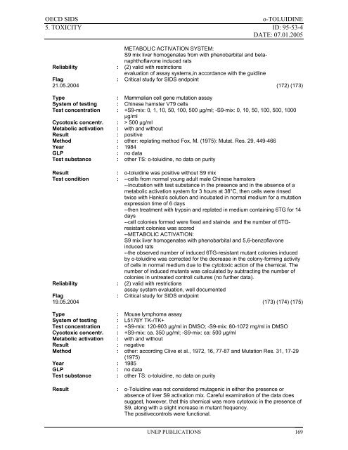 o-TOLUIDINE CAS N°: 95-53-4 - UNEP Chemicals