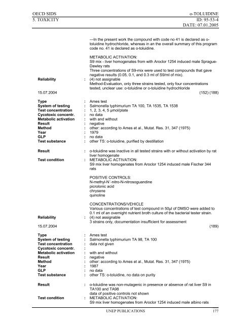 o-TOLUIDINE CAS N°: 95-53-4 - UNEP Chemicals