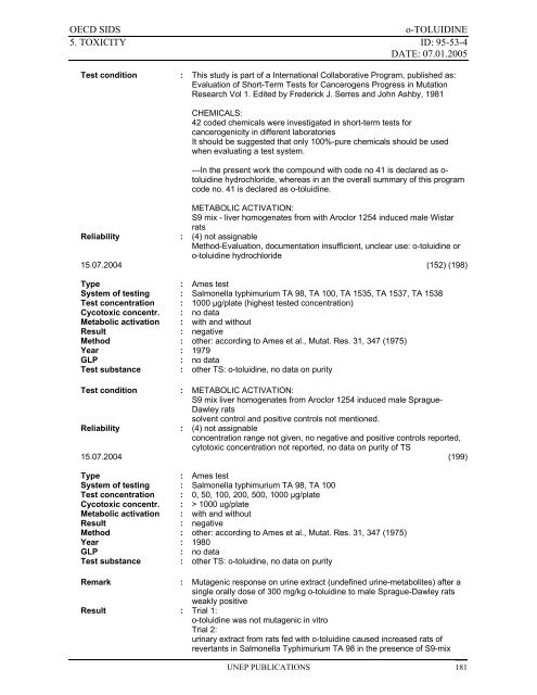 o-TOLUIDINE CAS N°: 95-53-4 - UNEP Chemicals