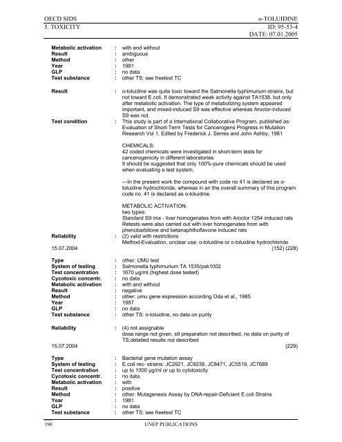 o-TOLUIDINE CAS N°: 95-53-4 - UNEP Chemicals